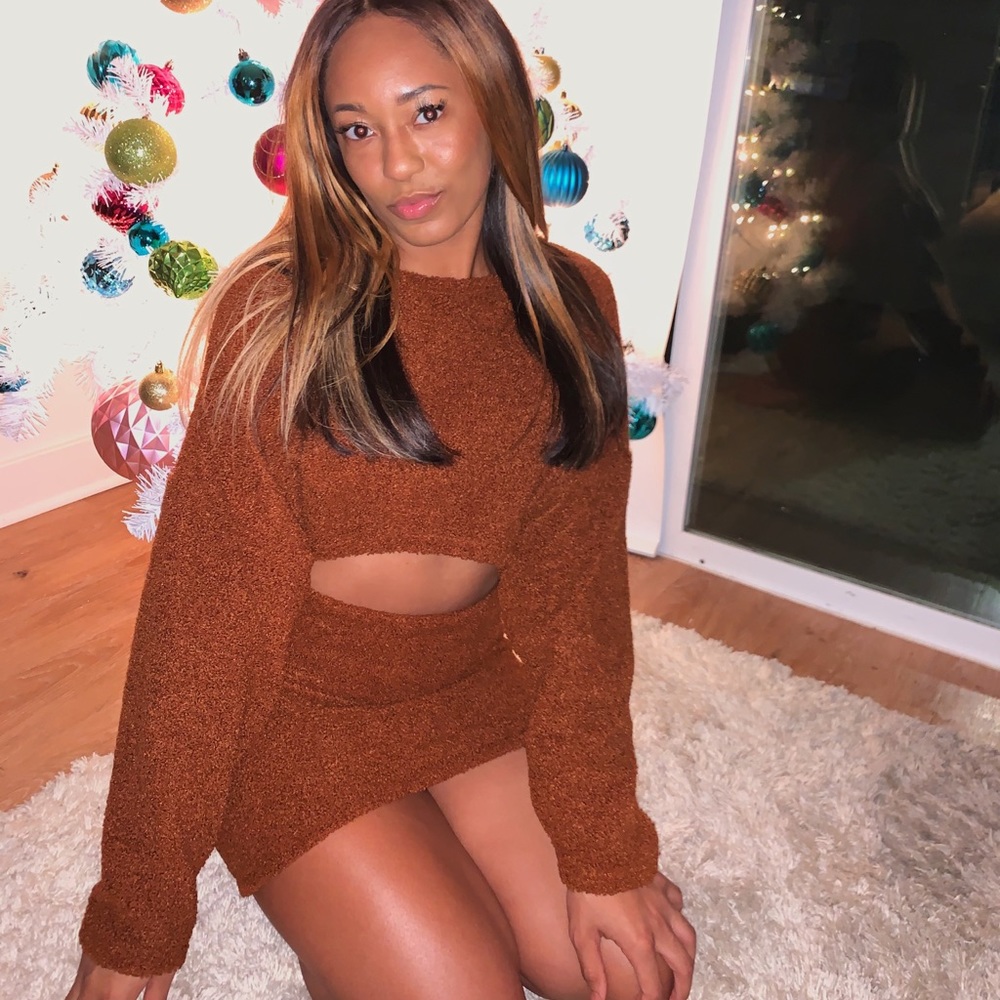 Brown fuzzy skirt two piece